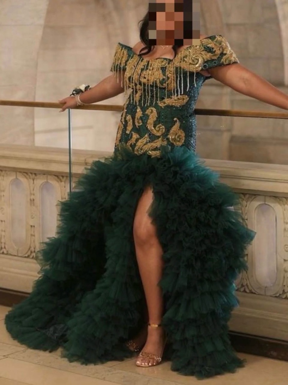 Emerald Green Gold Beaded Ruffle Dress Off Shoulder High Slit / Prom / Ballroom